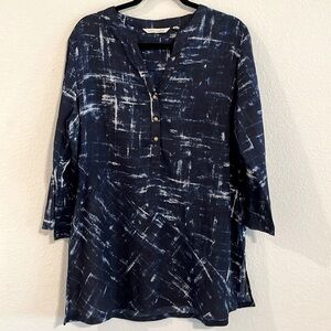 Soft Surroundings Women's Button Tunic Top Large Blue Cotton Abstract Longline